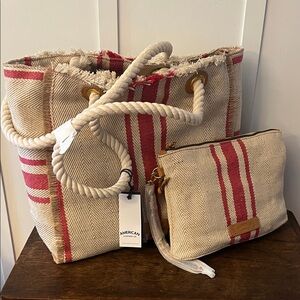 Red Striped Canvas Tote with Rope Handles